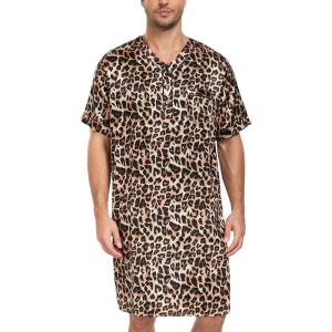 imageSWOMOG Mens Silk Satin Nightshirt Short Sleeve Loose Henley Sleep Shirt Comfy Nightgown Big ampamp Tall Men SleepwearLeopard
