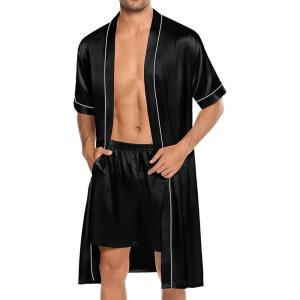 imageSWOMOG Mens Silk Satin Robe with Shorts Set 2PCS Short Sleeve Kimono Bathrobe Soft Sleepwear Pjs Sets with Pockets