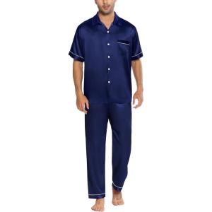 imageSWOMOG Mens Silky Satin Pajamas Set Short Sleeve Pjs Button Down Sleepwear Top ampamp Long Pants Deep Navy Blue Large