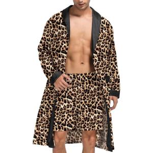 imageSWOMOG Mens Satin Robe with Shorts Set Silky Kimono Bathrobe Lightweight Soft SleepwearLeopard