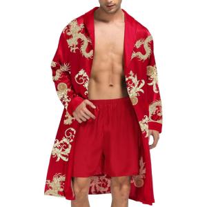 imageSWOMOG Mens Satin Robe with Shorts Set Silky Kimono Bathrobe Lightweight Soft SleepwearRed Dragon