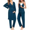 imageSWOMOG Maternity Nursing Robe Set 3 Piece Breastfeeding Pajamas 3 in 1 Labor Delivery Sleevless TopsampampLong Pants Pregnancy PjsBlue Green