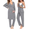 imageSWOMOG Maternity Nursing Robe Set 3 Piece Breastfeeding Pajamas 3 in 1 Labor Delivery Sleevless TopsampampLong Pants Pregnancy PjsGrey