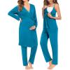 imageSWOMOG Maternity Nursing Robe Set 3 Piece Breastfeeding Pajamas 3 in 1 Labor Delivery Sleevless TopsampampLong Pants Pregnancy PjsPeacock Blue