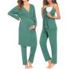 imageSWOMOG Maternity Nursing Robe Set 3 Piece Breastfeeding Pajamas 3 in 1 Labor Delivery Sleevless TopsampampLong Pants Pregnancy PjsTeal Green