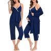 imageSWOMOG Maternity Nursing Robe Set 3 Piece Breastfeeding Pajamas 3 in 1 Labor Delivery Sleevless TopsampampLong Pants Pregnancy PjsZ Capriberry Blue
