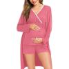 imageSWOMOG Maternity Nursing Robe Set 3 Piece Postpartum Breastfeeding Pajamas 3 in 1 Hospital Labor Delivery Pregnancy PjsCoralshorts