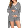 imageSWOMOG Maternity Nursing Robe Set 3 Piece Postpartum Breastfeeding Pajamas 3 in 1 Hospital Labor Delivery Pregnancy PjsGreyshorts
