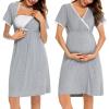 imageSWOMOG Women 3 in 1 DeliveryLaborNursing Nightgown Short Sleeve Pleated Maternity Sleepwear for BreastfeedingShort Sleeve Grey