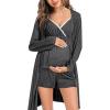 imageSWOMOG Womens Maternity Robe Set 3 Piece Nursing Pajamas for Breastfeeding 3 in 1 Labor Delivery Hospital Pregnancy Pjs GreyDeep Grey