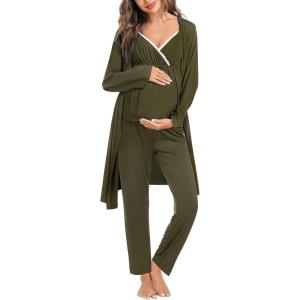 imageSWOMOG Maternity Nursing Robe Set 3 Piece Breastfeeding Pajamas 3 in 1 Labor Delivery Sleevless TopsampampLong Pants Pregnancy PjsArmy Green