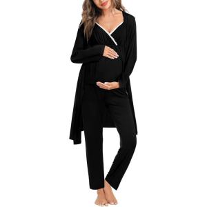imageSWOMOG Maternity Nursing Robe Set 3 Piece Breastfeeding Pajamas 3 in 1 Labor Delivery Sleevless TopsampampLong Pants Pregnancy PjsBlack