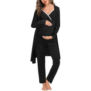 imageSWOMOG Maternity Nursing Robe Set 3 Piece Breastfeeding Pajamas 3 in 1 Labor Delivery Sleevless TopsampampLong Pants Pregnancy PjsBlack Grey