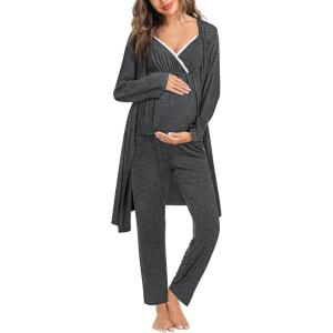 imageSWOMOG Maternity Nursing Robe Set 3 Piece Breastfeeding Pajamas 3 in 1 Labor Delivery Sleevless TopsampampLong Pants Pregnancy PjsDeep Grey