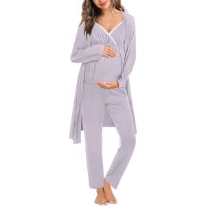 imageSWOMOG Maternity Nursing Robe Set 3 Piece Breastfeeding Pajamas 3 in 1 Labor Delivery Sleevless TopsampampLong Pants Pregnancy PjsLilac