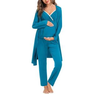 imageSWOMOG Maternity Nursing Robe Set 3 Piece Breastfeeding Pajamas 3 in 1 Labor Delivery Sleevless TopsampampLong Pants Pregnancy PjsPeacock Blue