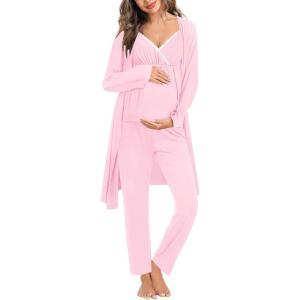 imageSWOMOG Maternity Nursing Robe Set 3 Piece Breastfeeding Pajamas 3 in 1 Labor Delivery Sleevless TopsampampLong Pants Pregnancy PjsPink
