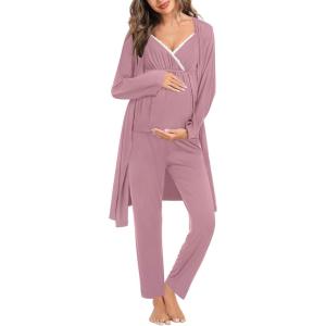 imageSWOMOG Maternity Nursing Robe Set 3 Piece Breastfeeding Pajamas 3 in 1 Labor Delivery Sleevless TopsampampLong Pants Pregnancy PjsTaro Purple