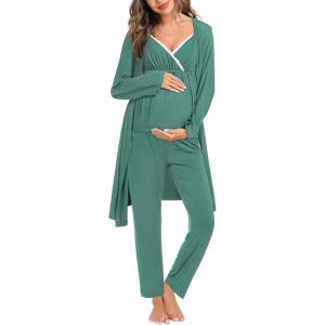 imageSWOMOG Maternity Nursing Robe Set 3 Piece Breastfeeding Pajamas 3 in 1 Labor Delivery Sleevless TopsampampLong Pants Pregnancy PjsTeal Green