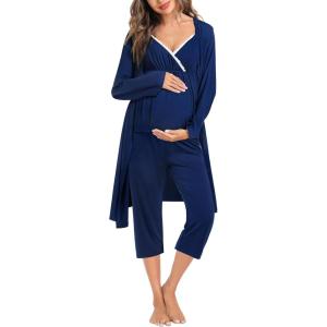 imageSWOMOG Maternity Nursing Robe Set 3 Piece Breastfeeding Pajamas 3 in 1 Labor Delivery Sleevless TopsampampLong Pants Pregnancy PjsZ Capriberry Blue