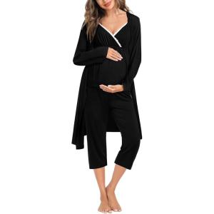 imageSWOMOG Maternity Nursing Robe Set 3 Piece Breastfeeding Pajamas 3 in 1 Labor Delivery Sleevless TopsampampLong Pants Pregnancy PjsZ Capricarbon Black