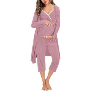imageSWOMOG Maternity Nursing Robe Set 3 Piece Breastfeeding Pajamas 3 in 1 Labor Delivery Sleevless TopsampampLong Pants Pregnancy PjsZ Caprililac Purple