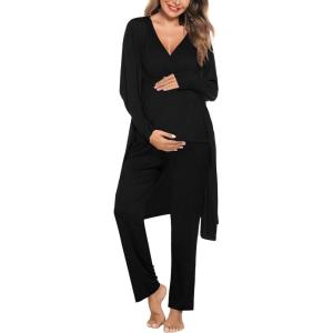 imageSWOMOG Maternity Nursing Robe Set 3 Piece Postpartum Breastfeeding Pajamas 3 in 1 Hospital Labor Delivery Pregnancy PjsBlackpants