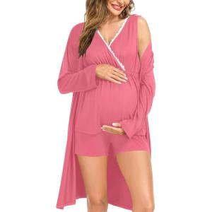 imageSWOMOG Maternity Nursing Robe Set 3 Piece Postpartum Breastfeeding Pajamas 3 in 1 Hospital Labor Delivery Pregnancy PjsCoralshorts