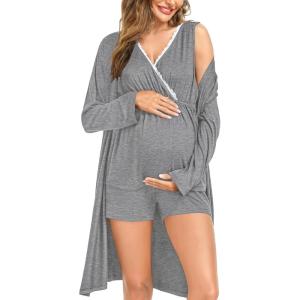 imageSWOMOG Maternity Nursing Robe Set 3 Piece Postpartum Breastfeeding Pajamas 3 in 1 Hospital Labor Delivery Pregnancy PjsGreyshorts