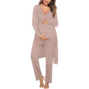 imageSWOMOG Maternity Nursing Robe Set 3 Piece Postpartum Breastfeeding Pajamas 3 in 1 Hospital Labor Delivery Pregnancy PjsLight Brownpants