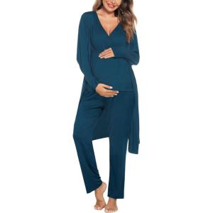 imageSWOMOG Maternity Nursing Robe Set 3 Piece Postpartum Breastfeeding Pajamas 3 in 1 Hospital Labor Delivery Pregnancy PjsOxford Bluepants