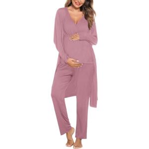 imageSWOMOG Maternity Nursing Robe Set 3 Piece Postpartum Breastfeeding Pajamas 3 in 1 Hospital Labor Delivery Pregnancy PjsTaro Purplepants