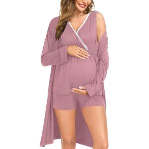 imageSWOMOG Maternity Nursing Robe Set 3 Piece Postpartum Breastfeeding Pajamas 3 in 1 Hospital Labor Delivery Pregnancy PjsTaro Purpleshorts