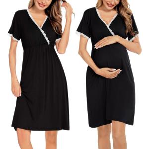 imageSWOMOG Women 3 in 1 DeliveryLaborNursing Nightgown Short Sleeve Pleated Maternity Sleepwear for BreastfeedingShort Sleeve Black