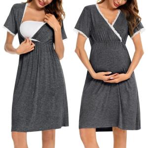 imageSWOMOG Women 3 in 1 DeliveryLaborNursing Nightgown Short Sleeve Pleated Maternity Sleepwear for BreastfeedingShort Sleeve Deep Grey