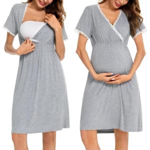 imageSWOMOG Women 3 in 1 DeliveryLaborNursing Nightgown Short Sleeve Pleated Maternity Sleepwear for BreastfeedingShort Sleeve Grey