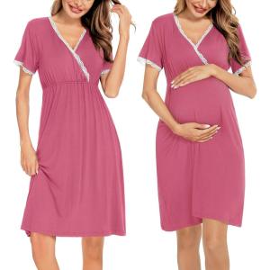 imageSWOMOG Women 3 in 1 DeliveryLaborNursing Nightgown Short Sleeve Pleated Maternity Sleepwear for BreastfeedingSleeve Short Coral
