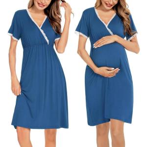 imageSWOMOG Women 3 in 1 DeliveryLaborNursing Nightgown Short Sleeve Pleated Maternity Sleepwear for BreastfeedingSleeve Short Navy