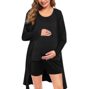 imageSWOMOG Women Maternity Nursing Robe Set Postpartum Pajamas 3 PCS Breastfeeding Labor Delivery Pregnancy Hospital PjsBlack