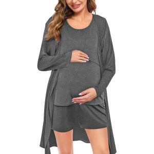imageSWOMOG Women Maternity Nursing Robe Set Postpartum Pajamas 3 PCS Breastfeeding Labor Delivery Pregnancy Hospital PjsDeep Grey