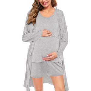 imageSWOMOG Women Maternity Nursing Robe Set Postpartum Pajamas 3 PCS Breastfeeding Labor Delivery Pregnancy Hospital PjsGrey