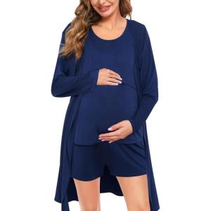 imageSWOMOG Women Maternity Nursing Robe Set Postpartum Pajamas 3 PCS Breastfeeding Labor Delivery Pregnancy Hospital PjsNavy Blue