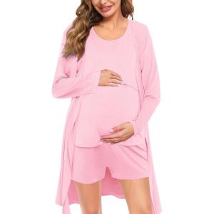 imageSWOMOG Women Maternity Nursing Robe Set Postpartum Pajamas 3 PCS Breastfeeding Labor Delivery Pregnancy Hospital PjsPink