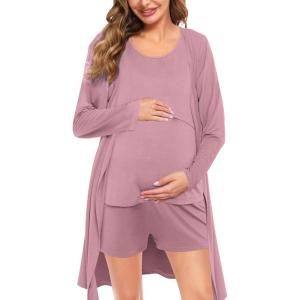 imageSWOMOG Women Maternity Nursing Robe Set Postpartum Pajamas 3 PCS Breastfeeding Labor Delivery Pregnancy Hospital PjsTaro Purple