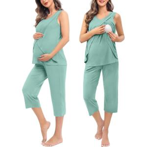 imageSWOMOG Women Maternity Pajama Set Nursing Pjs Double Layer Sleeveless Top Capri Pregnancy Set Breastfeeding Pjs with PocketsAqua Green