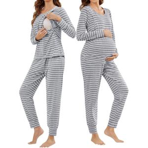 imageSWOMOG Women Maternity ampamp Nursing Thermal Underwear Set Postpartum Pajamas Breastfeeding Long Sleeve Base Layer Pregnant PjsGrey Stripe