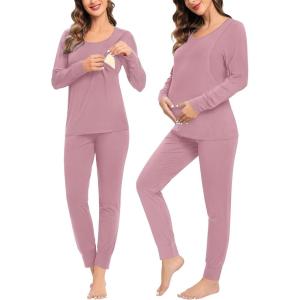 imageSWOMOG Women Maternity ampamp Nursing Thermal Underwear Set Postpartum Pajamas Breastfeeding Long Sleeve Base Layer Pregnant PjsTaro Puple