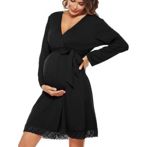 imageSWOMOG Womens Maternity Nursing Robe Pregnancy Breastfeeding Bathrobes 3 in 1 Labor Delivery NightgownsLong Sleeveblack