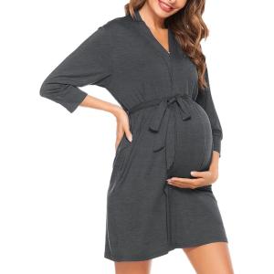 imageSWOMOG Womens Maternity Nursing Robe Pregnancy Breastfeeding Bathrobes 3 in 1 Labor Delivery NightgownsZ34 Sleeve Dark Grey