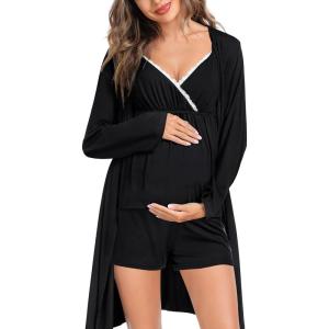 imageSWOMOG Womens Maternity Robe Set 3 Piece Nursing Pajamas for Breastfeeding 3 in 1 Labor Delivery Hospital Pregnancy Pjs GreyBlack
